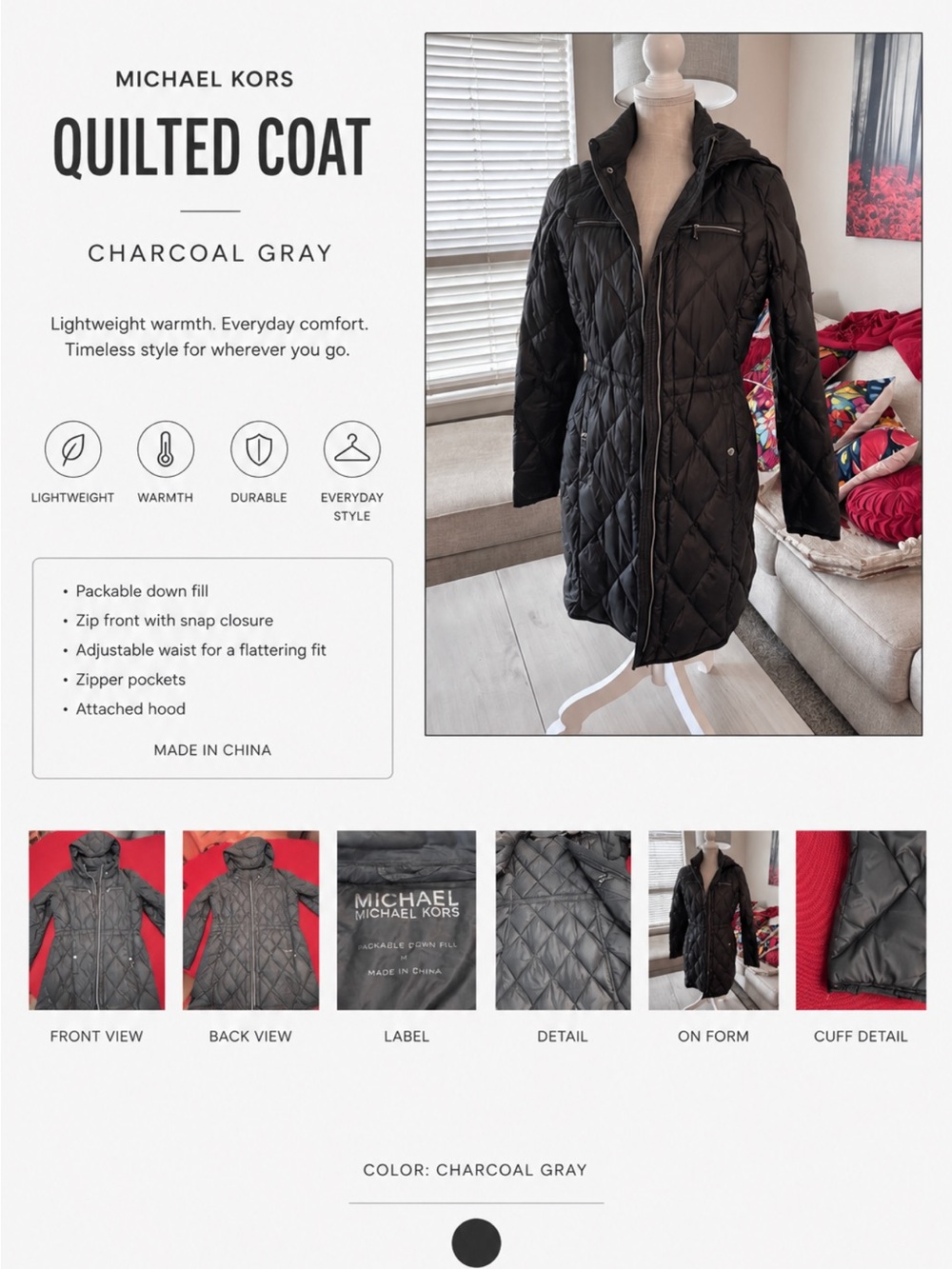 Michael Kors Charcoal Packable Down Jacket🌼🌼🌼Size M🌼🌼🌼